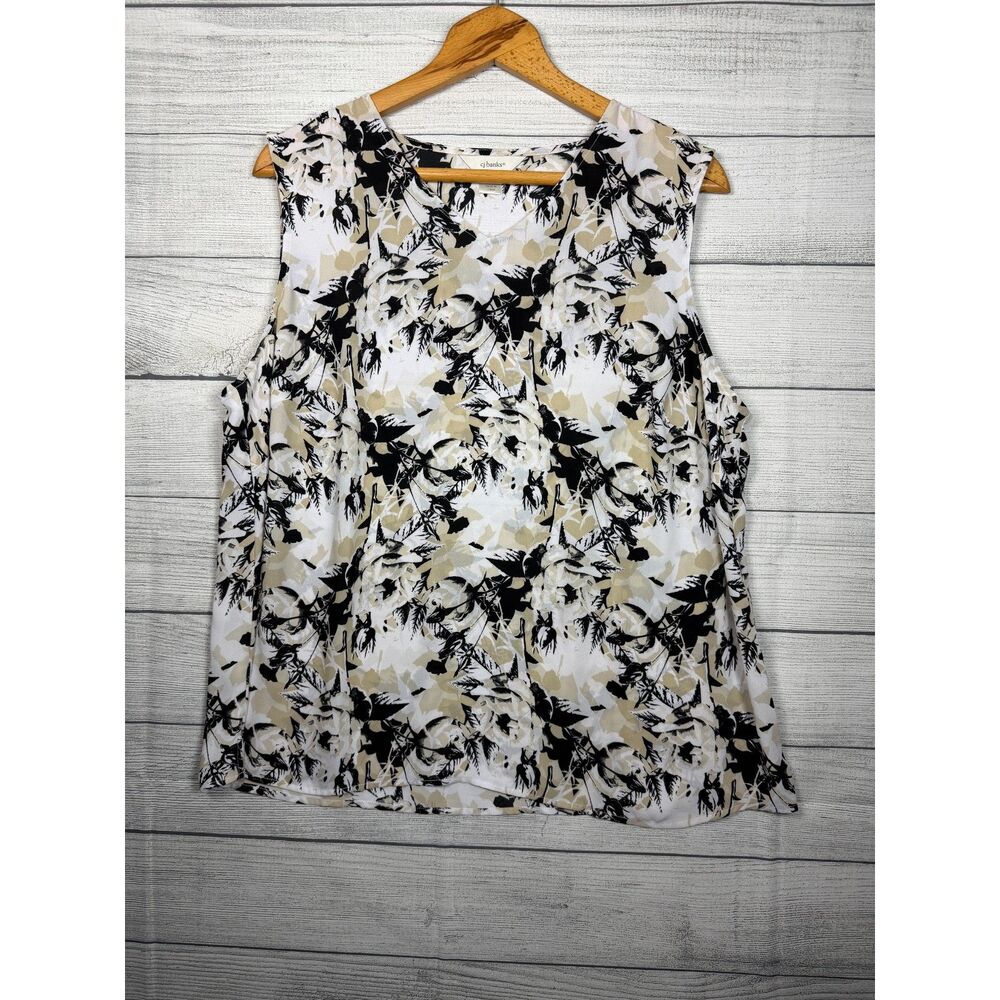 CJ Banks Women's 1X Black Beige Floral Print Sleeveless V Neck Blouse 4736